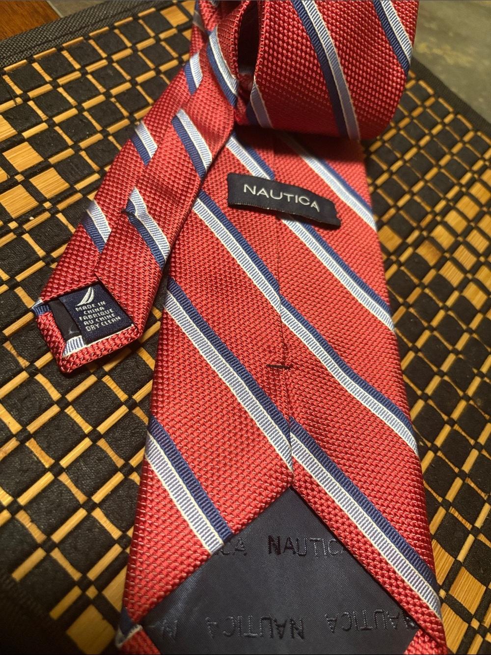 Nautica Red Tie with Blue and White Diagonal Stripes